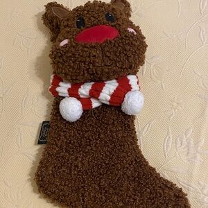 FAO Schwarz Brown Reindeer Stocking with Red and White Scarf